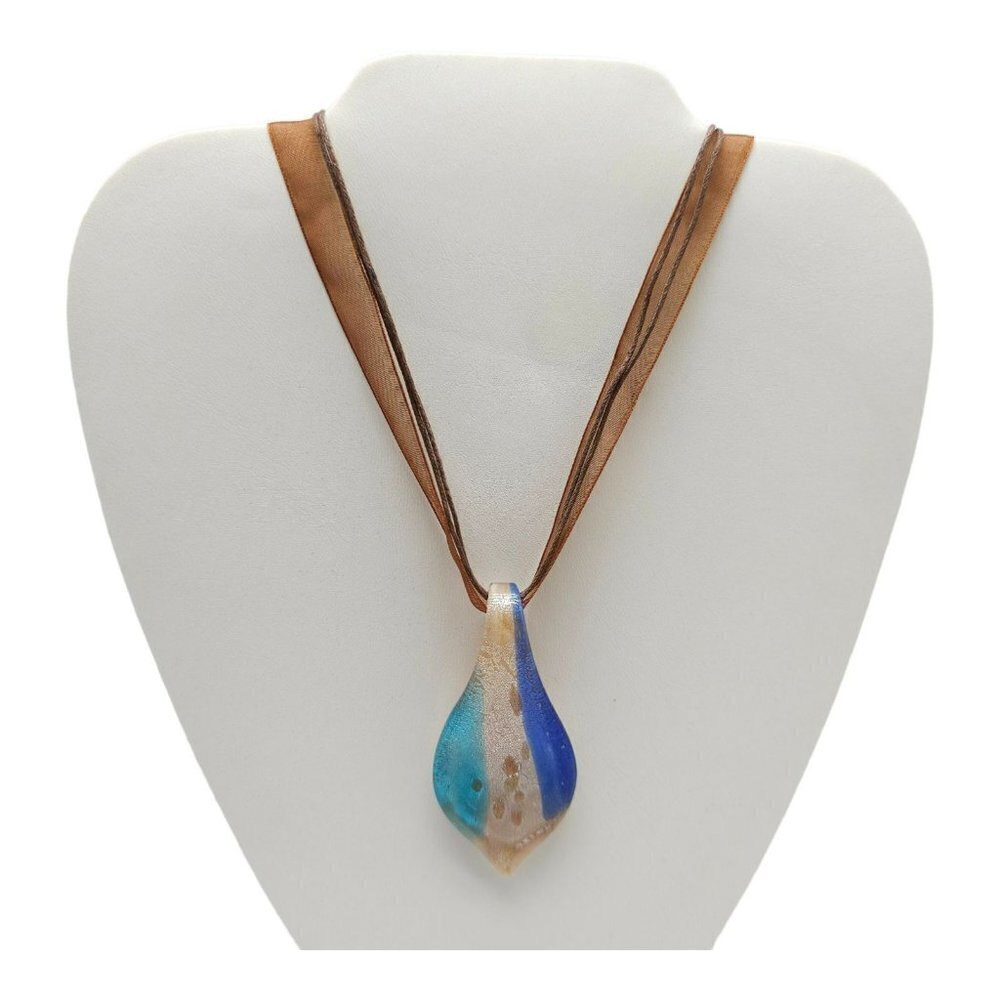 Blue Gold Art Glass Organza Ribbon Cord Necklace Silver Tone Lobster Closure VTG